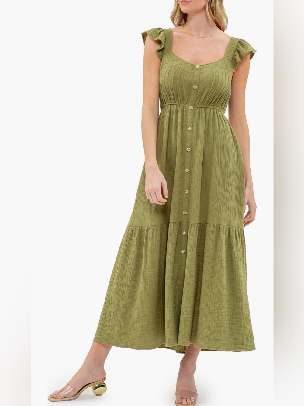 NWT  August Sky  Olive Green Flutter Sleeve Button Front Dress - M